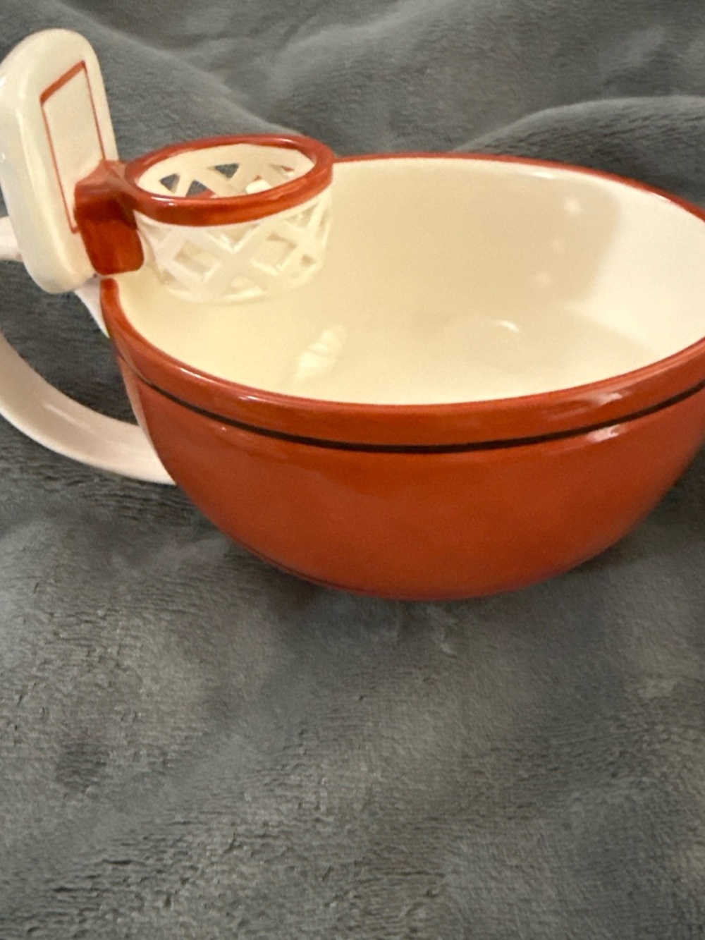 Ceramic Orange and Cream Soup Mug with Built-in Cracker Holder